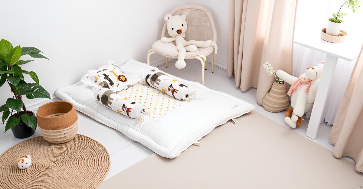 Unisex Baby Bedding Set 4pc | 100% Cotton Mattress, Pillow & Bolsters