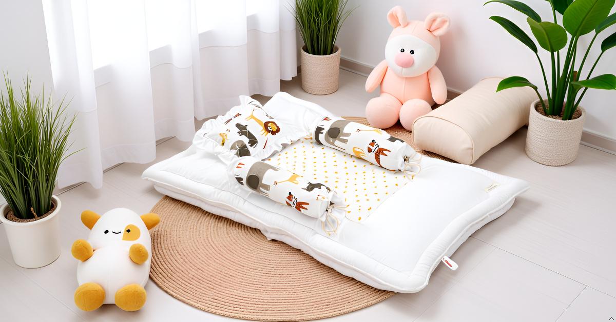 Unisex Baby Bedding Set 4pc | 100% Cotton Mattress, Pillow & Bolsters