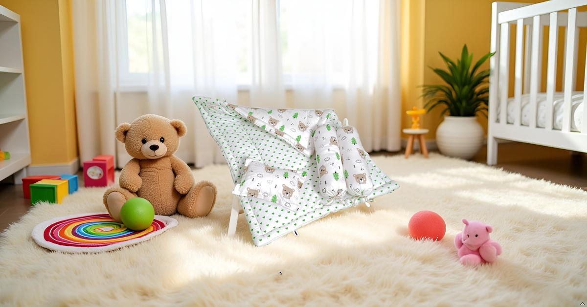 Baby Bedding Set Brown Teddy Green Tree | 100% Cotton Mattress & Bolsters - National Woollen & Finishers