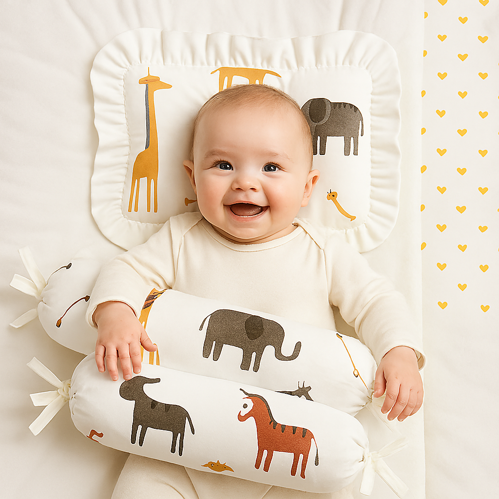 Unisex Baby Bedding Set 4pc | 100% Cotton Mattress, Pillow & Bolsters