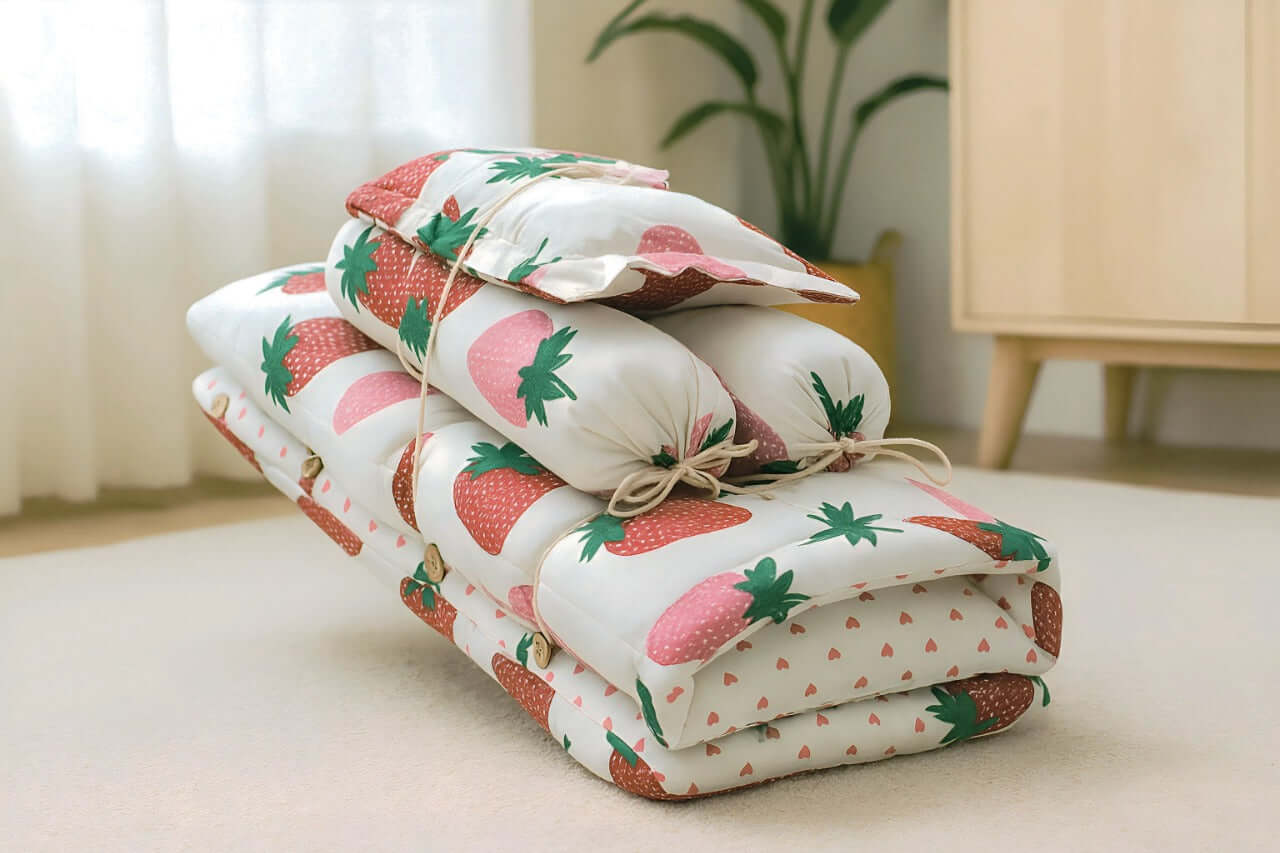 Strawberry Baby Bedding Set 4pc | Cotton Mattress, Pillow & Bolsters | NWF - National Woollen & Finishers