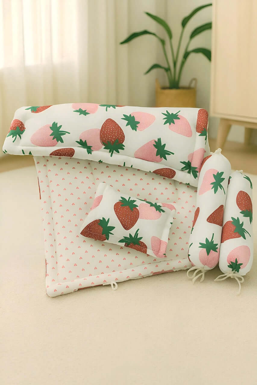 Strawberry Baby Bedding Set 4pc | Cotton Mattress, Pillow & Bolsters | NWF - National Woollen & Finishers