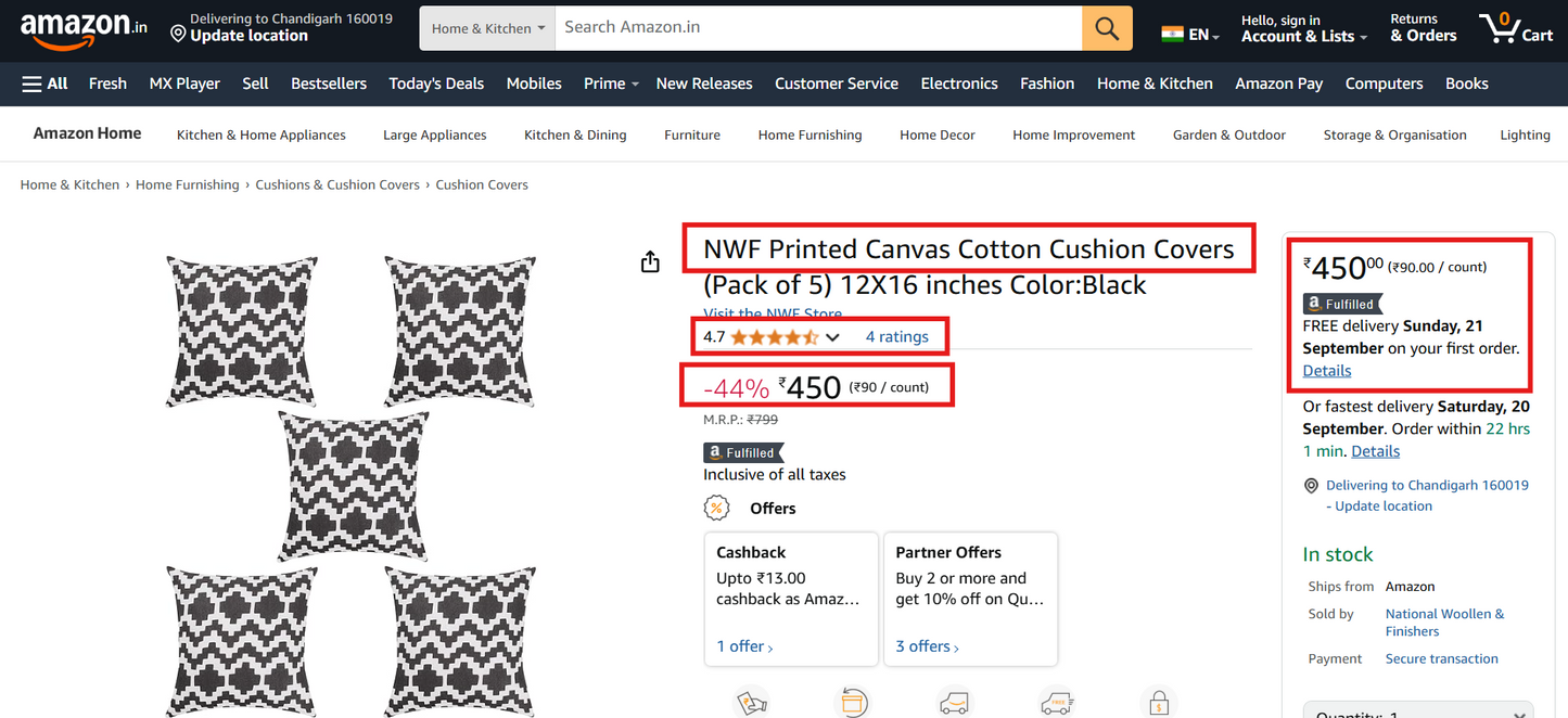 Black Cotton Cushion Covers (Pack of 5) | 16x16" Modern Sofa Pillow Cases | NWF National Woollen & Finishers