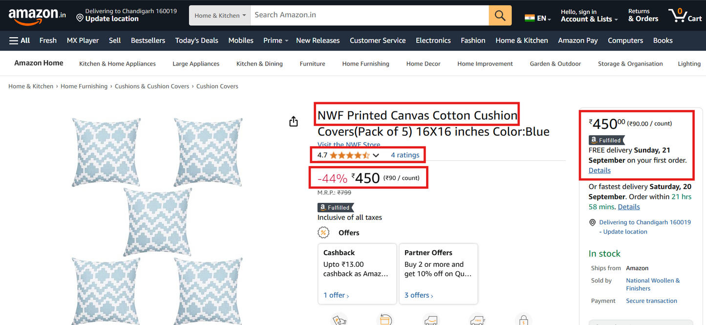 Blue Cotton Cushion Covers (Pack of 5) | 16x16" Modern Sofa Pillow Cases | NWF National Woollen & Finishers