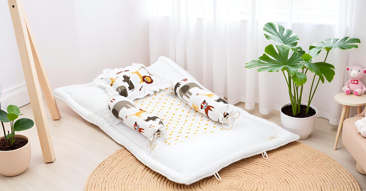 Unisex Baby Bedding Set 4pc | 100% Cotton Mattress, Pillow & Bolsters