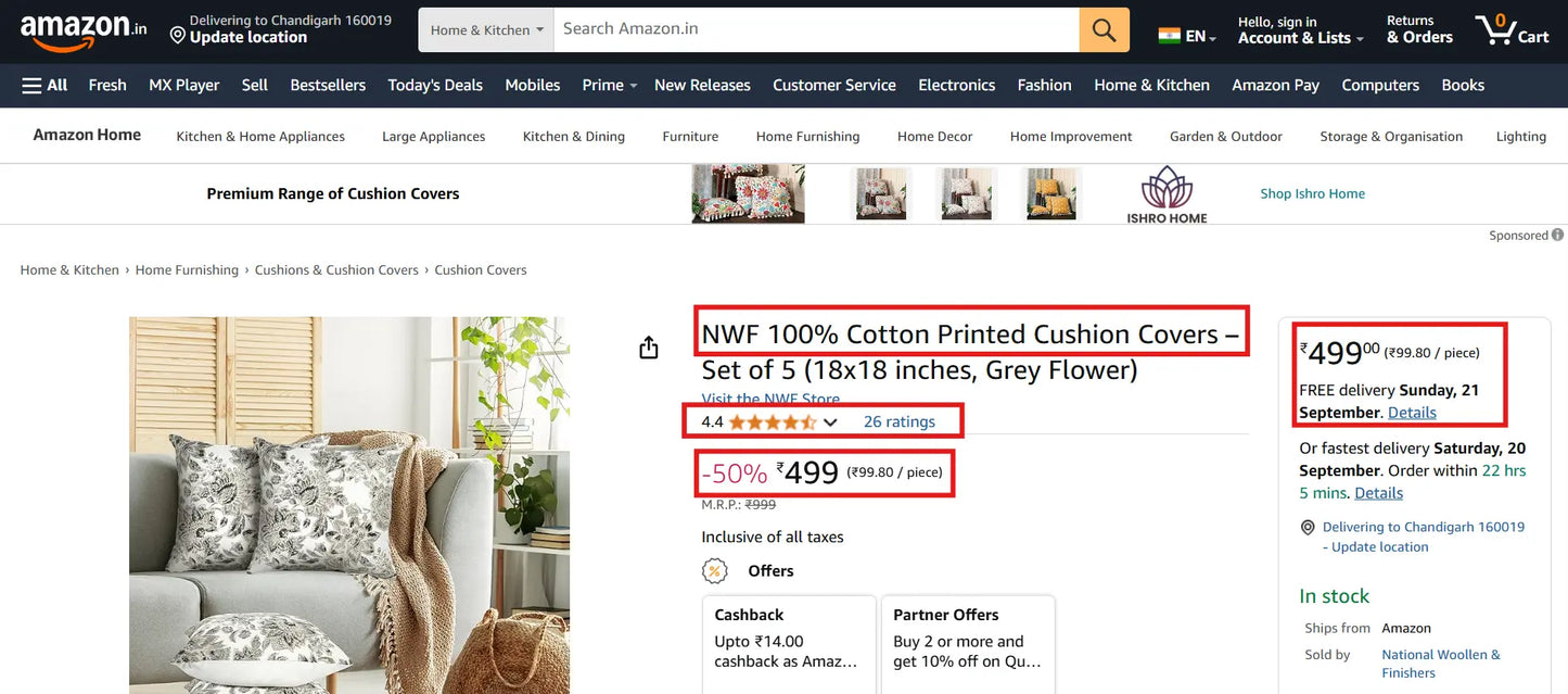 Cotton Cushion Covers Grey Flower Set of 5 | 18x18" Soft & Washable | NWF National Woollen & Finishers