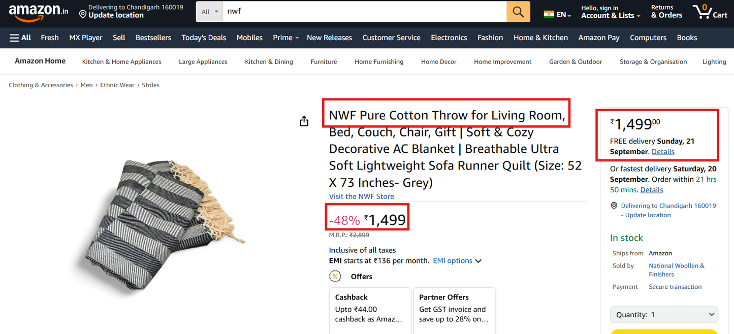 Pure Cotton Throw Blanket Grey | Soft Lightweight Sofa & Bed AC Blanket | NWF National Woollen & Finishers