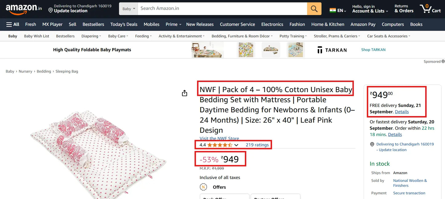 Unisex Baby Bedding Set Pink Leaf | 100% Cotton Mattress, Pillow & Bolsters | NWF National Woollen & Finishers