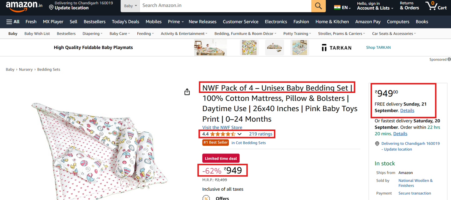 Unisex Baby Bedding Set Pink Toys Print | 100% Cotton Mattress & Bolsters | NWF