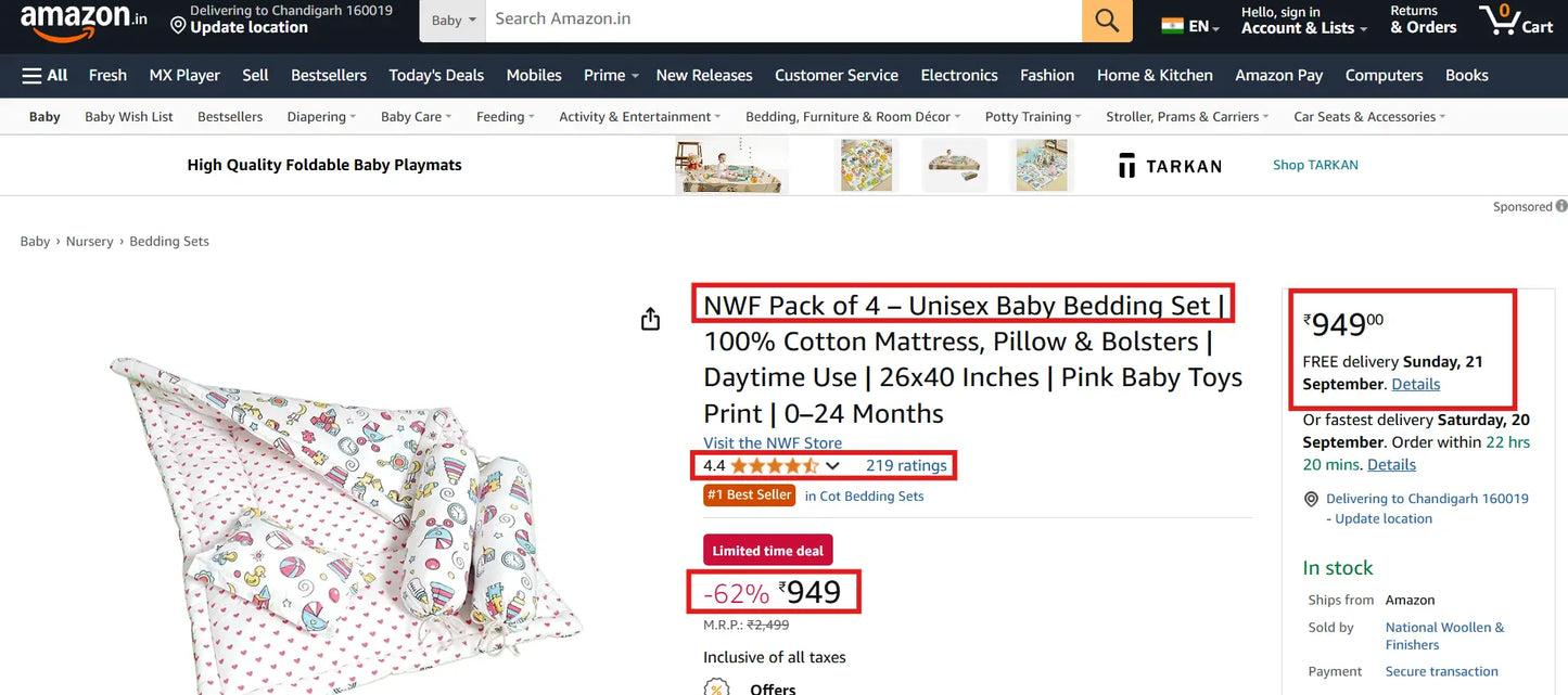 Unisex Baby Bedding Set Pink Toys Print | 100% Cotton Mattress & Bolsters | NWF National Woollen & Finishers