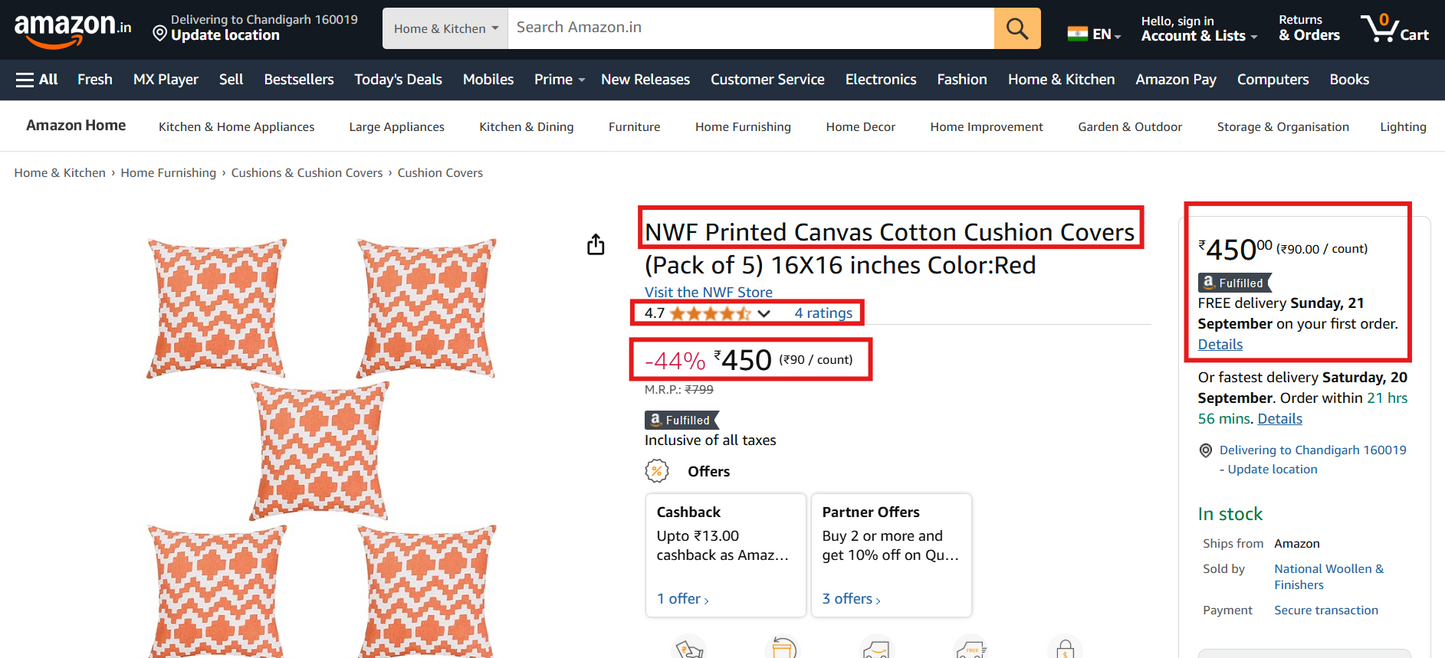 100% Cotton Cushion Covers (Pack of 5) | 16x16" Modern Decorative Pillows | NWF National Woollen & Finishers