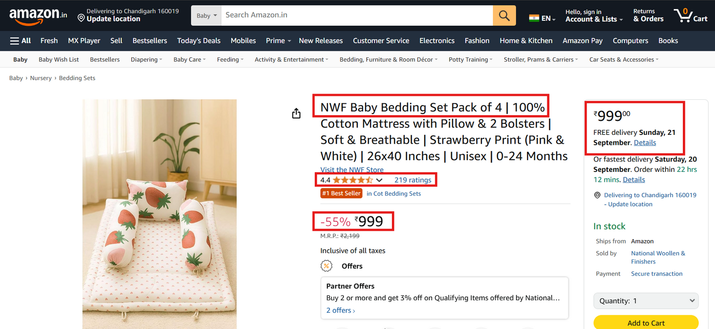 Strawberry Baby Bedding Set 4pc | Cotton Mattress, Pillow & Bolsters | NWF National Woollen & Finishers