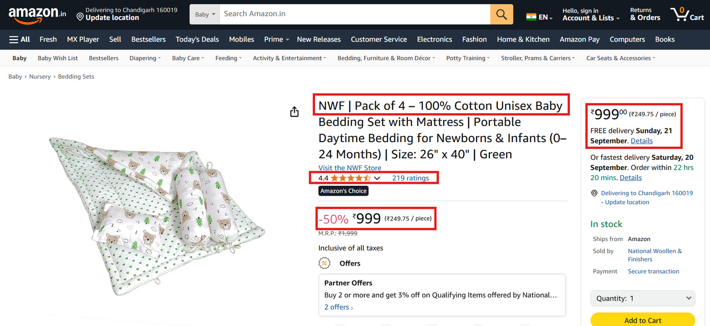 Baby Bedding Set Brown Teddy Green Tree | 100% Cotton Mattress & Bolsters | NWF
