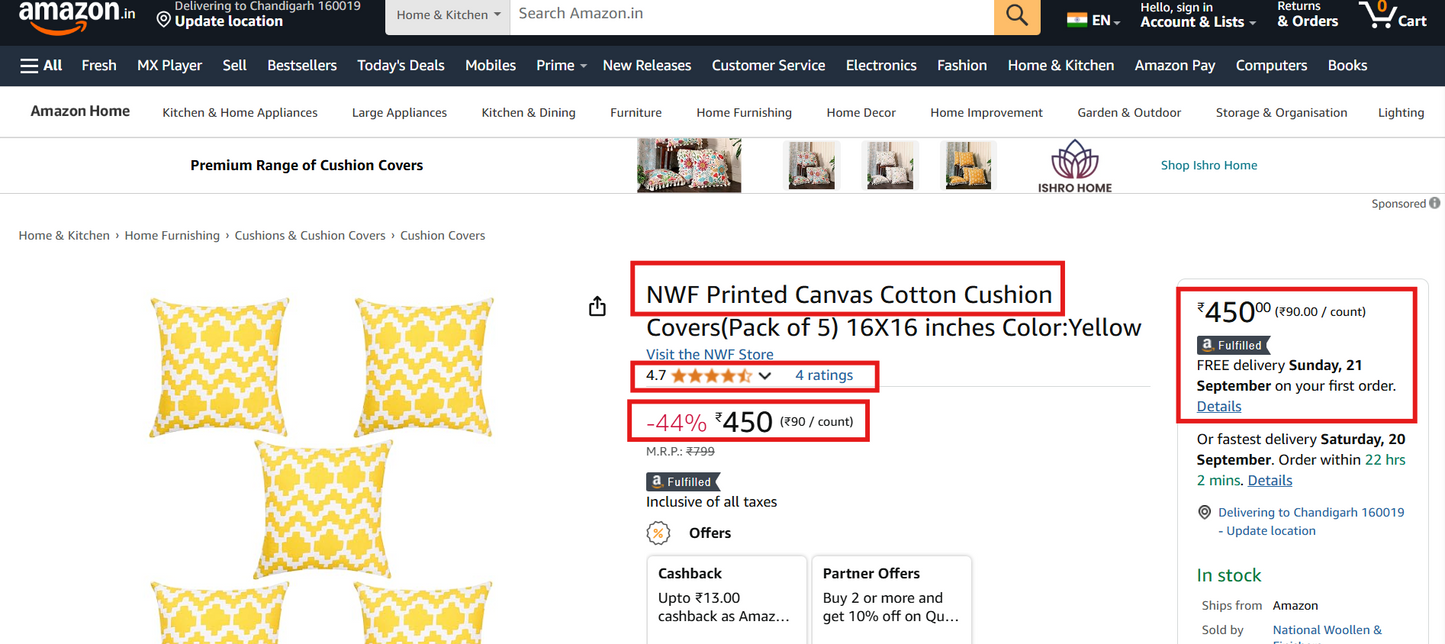 Printed 100% Cotton Canvas Cushion Covers Yellow | Pack of 5, 16x16" Soft | NWF National Woollen & Finishers