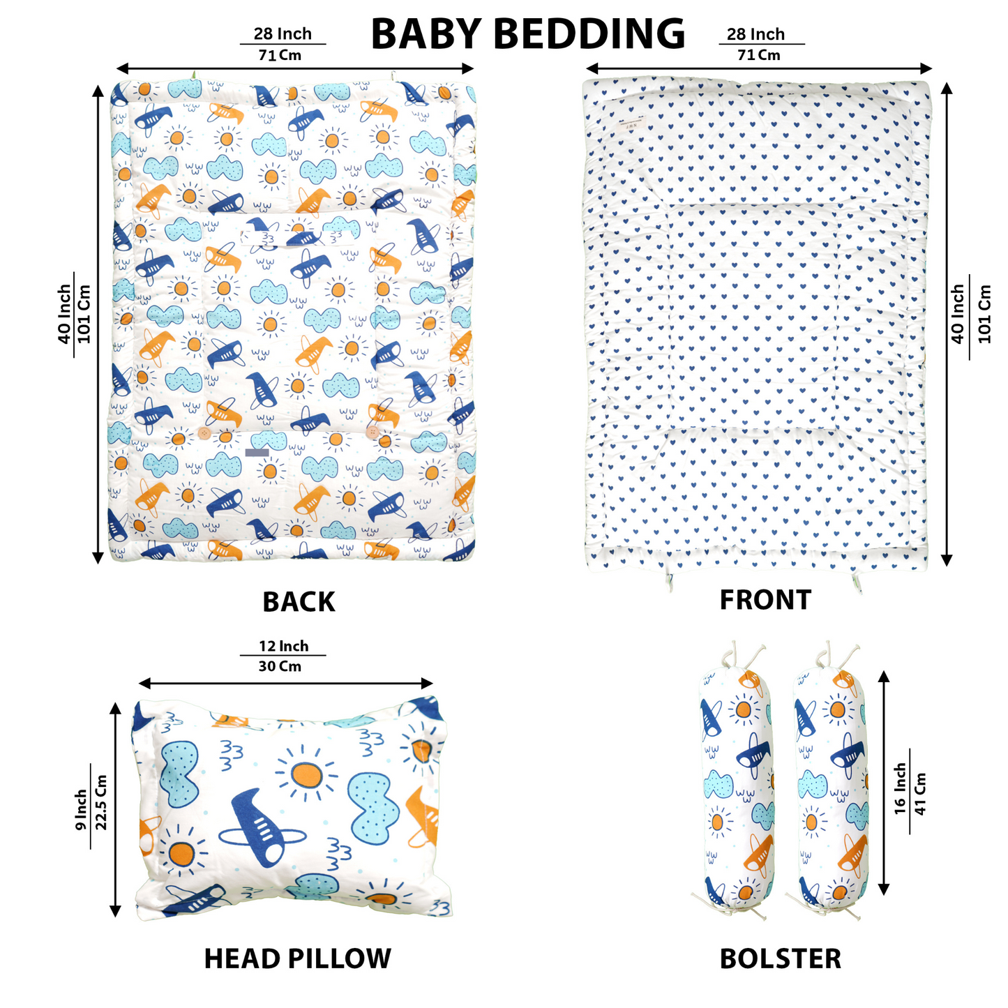 Baby Bedding Set Blue Plane Cloud | 100% Cotton Mattress Pillow Bolsters