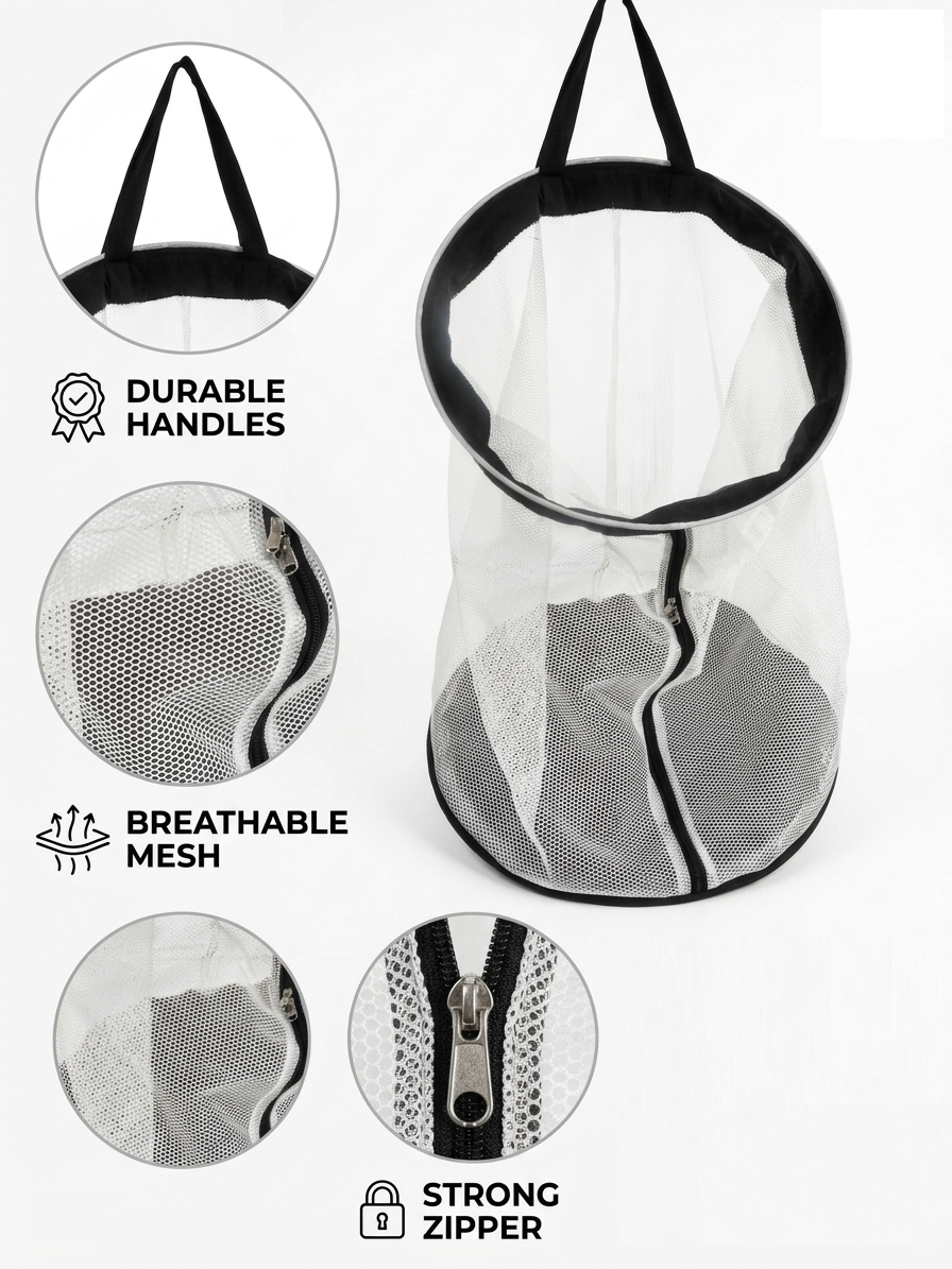 NWF Hanging Mesh Laundry Bag, White with Black Trim, 55L | Side Zipper, Polyester Mesh with Cotton Base, Strong Handles, Foldable, Wall & Door Hanging