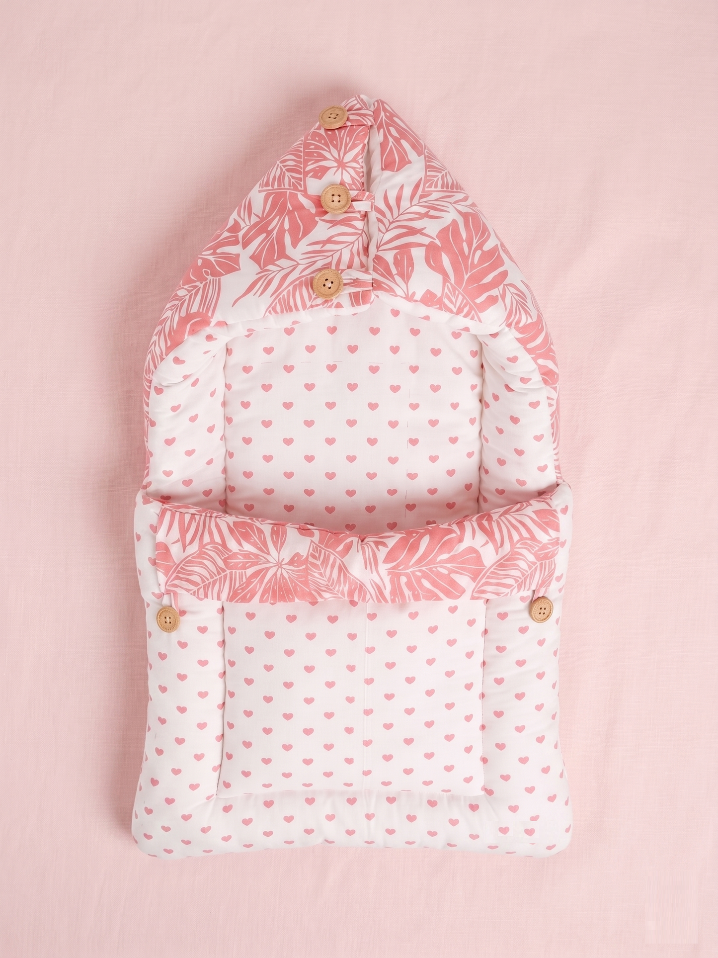 NWF 3 in 1 Baby Carry Nest & Sleeping Bag for Newborn Baby | 100% Cotton Portable Baby Bedding Set with Hood & Zip | Ultra Soft, Travel Friendly & Skin Friendly | 0-12 Months | Pink Leaf Print