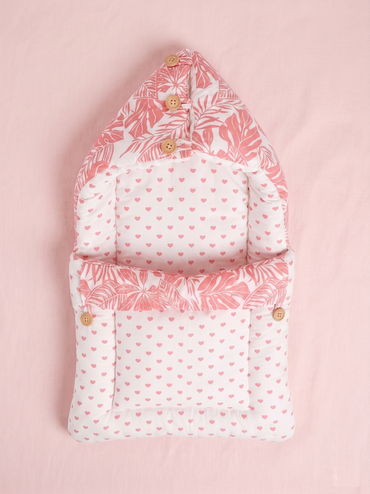 NWF 3 in 1 Baby Carry Nest & Sleeping Bag for Newborn Baby | 100% Cotton Portable Baby Bedding Set with Hood & Zip | Ultra Soft, Travel Friendly & Skin Friendly | 0-12 Months | Pink Leaf Print