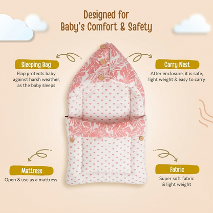 NWF 3 in 1 Baby Carry Nest & Sleeping Bag for Newborn Baby | 100% Cotton Portable Baby Bedding Set with Hood & Zip | Ultra Soft, Travel Friendly & Skin Friendly | 0-12 Months | Pink Leaf Print