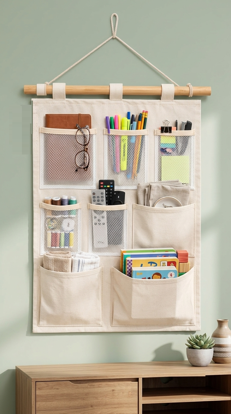 NWF 8 Pocket Wall Hanging Organizer Beige | 8 Pocket Wall Hanging Organizer, 100% Cotton, 30 x 20 Inch, Space Saving
