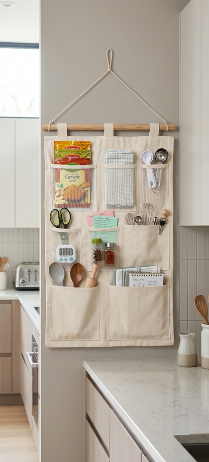 NWF 8 Pocket Wall Hanging Organizer Beige | 8 Pocket Wall Hanging Organizer, 100% Cotton, 30 x 20 Inch, Space Saving