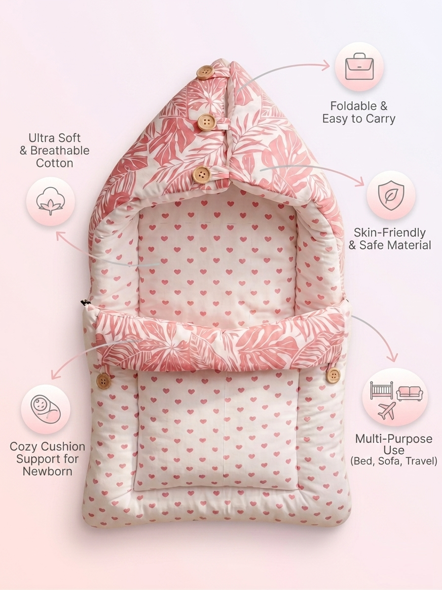 NWF 3 in 1 Baby Carry Nest & Sleeping Bag for Newborn Baby | 100% Cotton Portable Baby Bedding Set with Hood & Zip | Ultra Soft, Travel Friendly & Skin Friendly | 0-12 Months | Pink Leaf Print