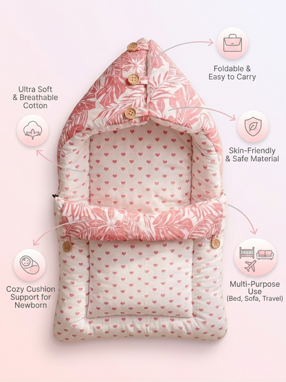 NWF 3 in 1 Baby Carry Nest & Sleeping Bag for Newborn Baby | 100% Cotton Portable Baby Bedding Set with Hood & Zip | Ultra Soft, Travel Friendly & Skin Friendly | 0-12 Months | Pink Leaf Print