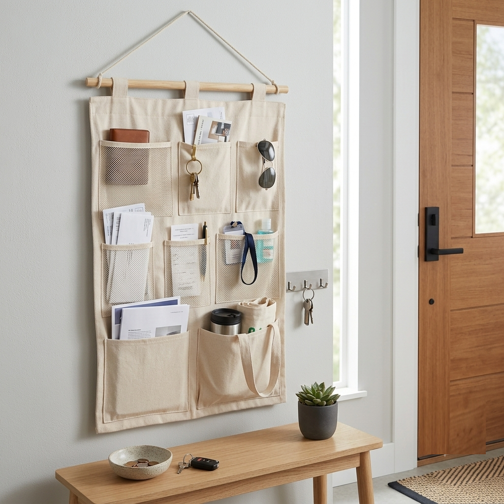 NWF 8 Pocket Wall Hanging Organizer Beige | 8 Pocket Wall Hanging Organizer, 100% Cotton, 30 x 20 Inch, Space Saving