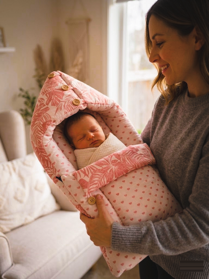 NWF 3 in 1 Baby Carry Nest & Sleeping Bag for Newborn Baby | 100% Cotton Portable Baby Bedding Set with Hood & Zip | Ultra Soft, Travel Friendly & Skin Friendly | 0-12 Months | Pink Leaf Print