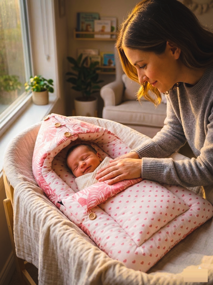 NWF 3 in 1 Baby Carry Nest & Sleeping Bag for Newborn Baby | 100% Cotton Portable Baby Bedding Set with Hood & Zip | Ultra Soft, Travel Friendly & Skin Friendly | 0-12 Months | Pink Leaf Print