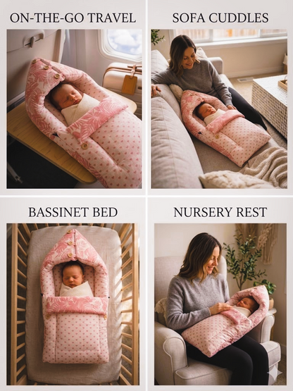 NWF 3 in 1 Baby Carry Nest & Sleeping Bag for Newborn Baby | 100% Cotton Portable Baby Bedding Set with Hood & Zip | Ultra Soft, Travel Friendly & Skin Friendly | 0-12 Months | Pink Leaf Print