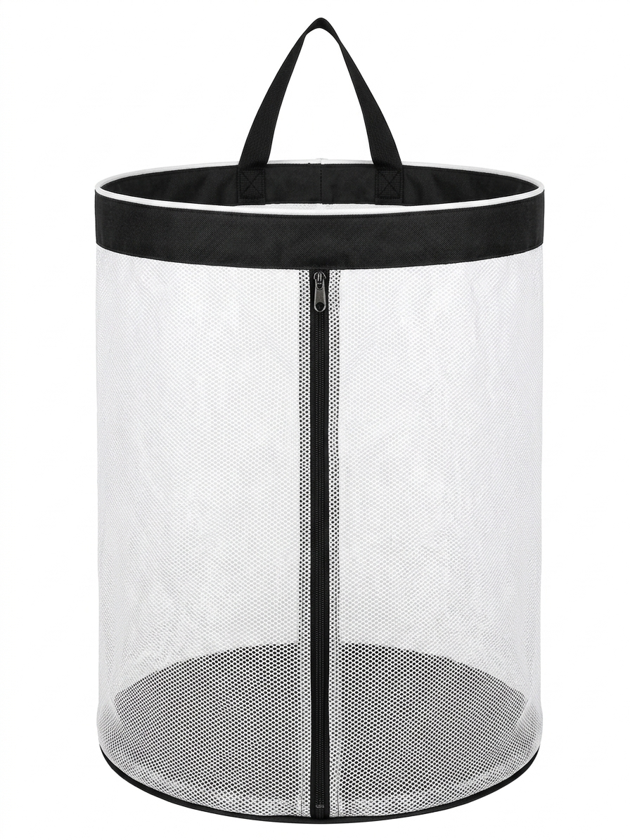 NWF Hanging Mesh Laundry Bag, White with Black Trim, 55L | Side Zipper, Polyester Mesh with Cotton Base, Strong Handles, Foldable, Wall & Door Hanging