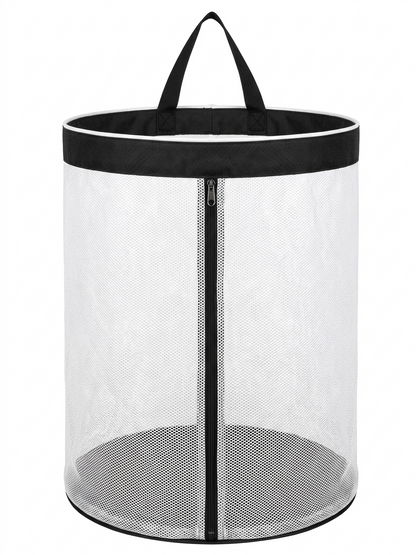 NWF Hanging Mesh Laundry Bag, White with Black Trim, 55L | Side Zipper, Polyester Mesh with Cotton Base, Strong Handles, Foldable, Wall & Door Hanging