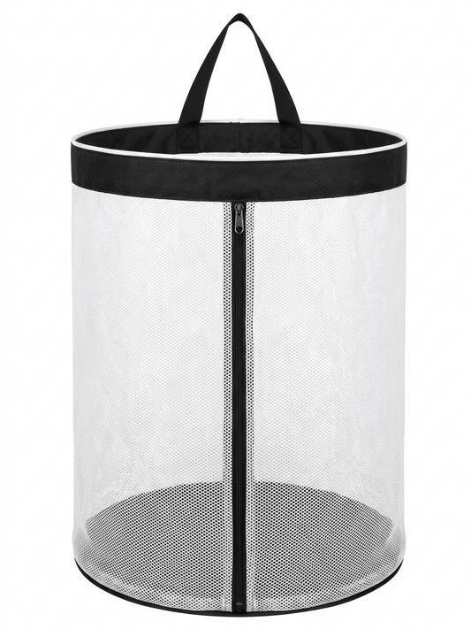 NWF Hanging Mesh Laundry Bag, White with Black Trim, 55L | Side Zipper, Polyester Mesh with Cotton Base, Strong Handles, Foldable, Wall & Door Hanging