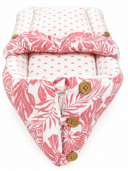 NWF 3 in 1 Baby Carry Nest & Sleeping Bag for Newborn Baby | 100% Cotton Portable Baby Bedding Set with Hood & Zip | Ultra Soft, Travel Friendly & Skin Friendly | 0-12 Months | Pink Leaf Print
