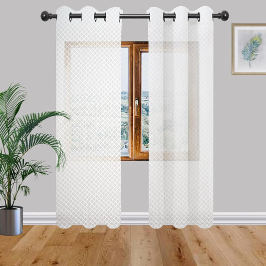 Trellis White Net Curtains (Pack of 2) | 4x5 Ft Semi-Sheer Polyester Panels