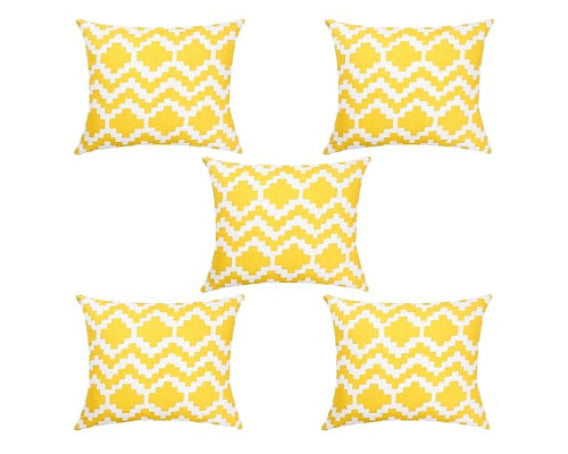 Printed Cotton Canvas Cushion Covers Yellow | Pack of 5, 16x16" Soft