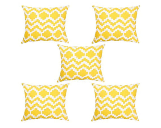 Printed Cotton Canvas Cushion Covers Yellow | Pack of 5, 16x16" Soft