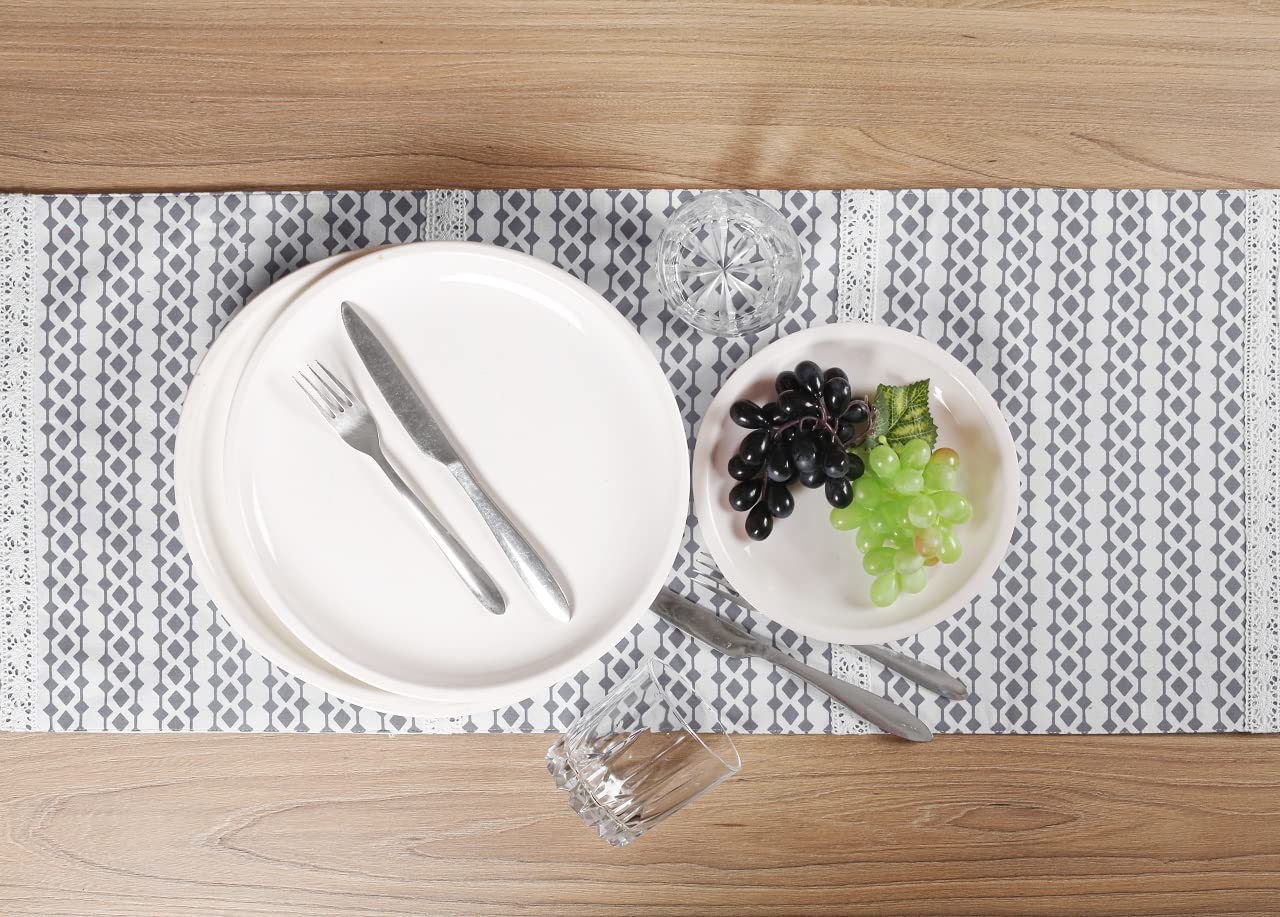 Cotton Table Runner Grey Printed | 90x13.5" Heat-Resistant for 8-Seater
