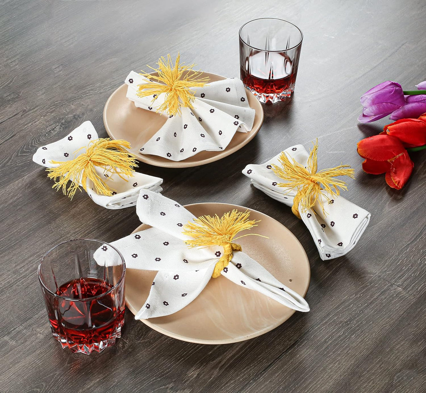 Cotton Dinner Napkins with Handmade Rings – Mauve & White | Pack of 12