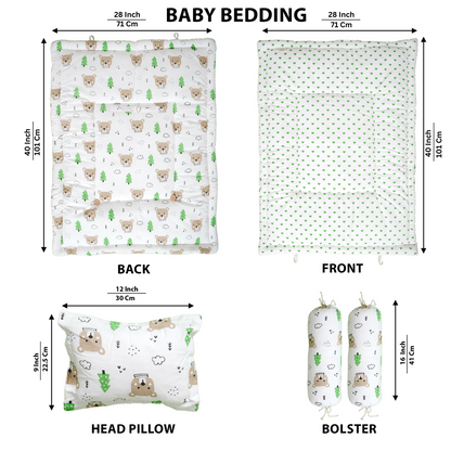 Baby Bedding Set Brown Teddy Green Tree | 100% Cotton Mattress & Bolsters