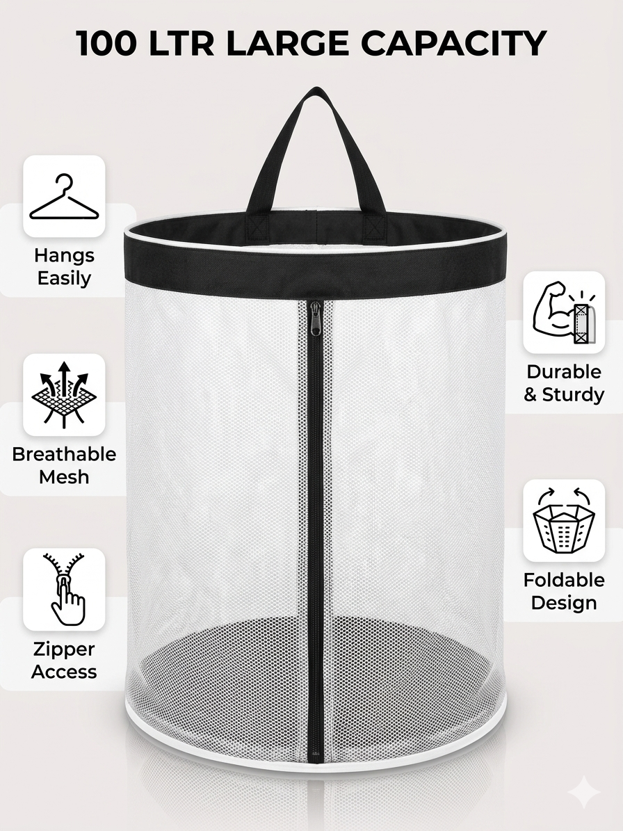 NWF Hanging Mesh Laundry Bag with Side Zipper, 100L Large Capacity Breathable Hamper, Polyester Mesh with Cotton Base & Strong Handles, Foldable Wall/Door Laundry Bag (18” Dia × 24” Height)