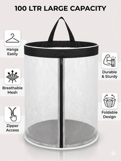 NWF Hanging Mesh Laundry Bag with Side Zipper, 100L Large Capacity Breathable Hamper, Polyester Mesh with Cotton Base & Strong Handles, Foldable Wall/Door Laundry Bag (18” Dia × 24” Height)
