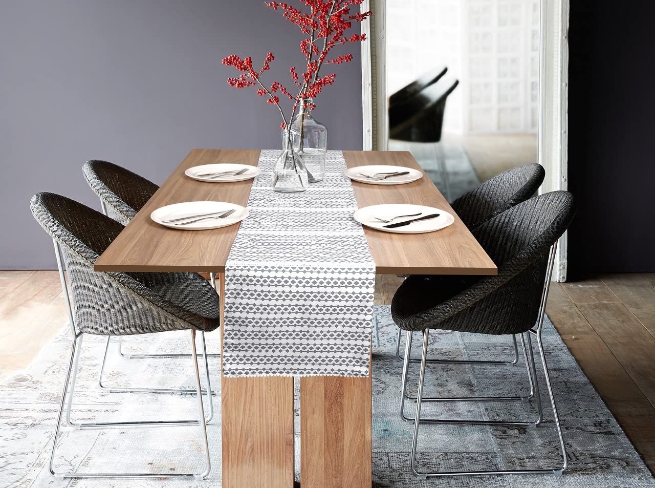 Cotton Table Runner Grey Printed | 90x13.5" Heat-Resistant for 8-Seater