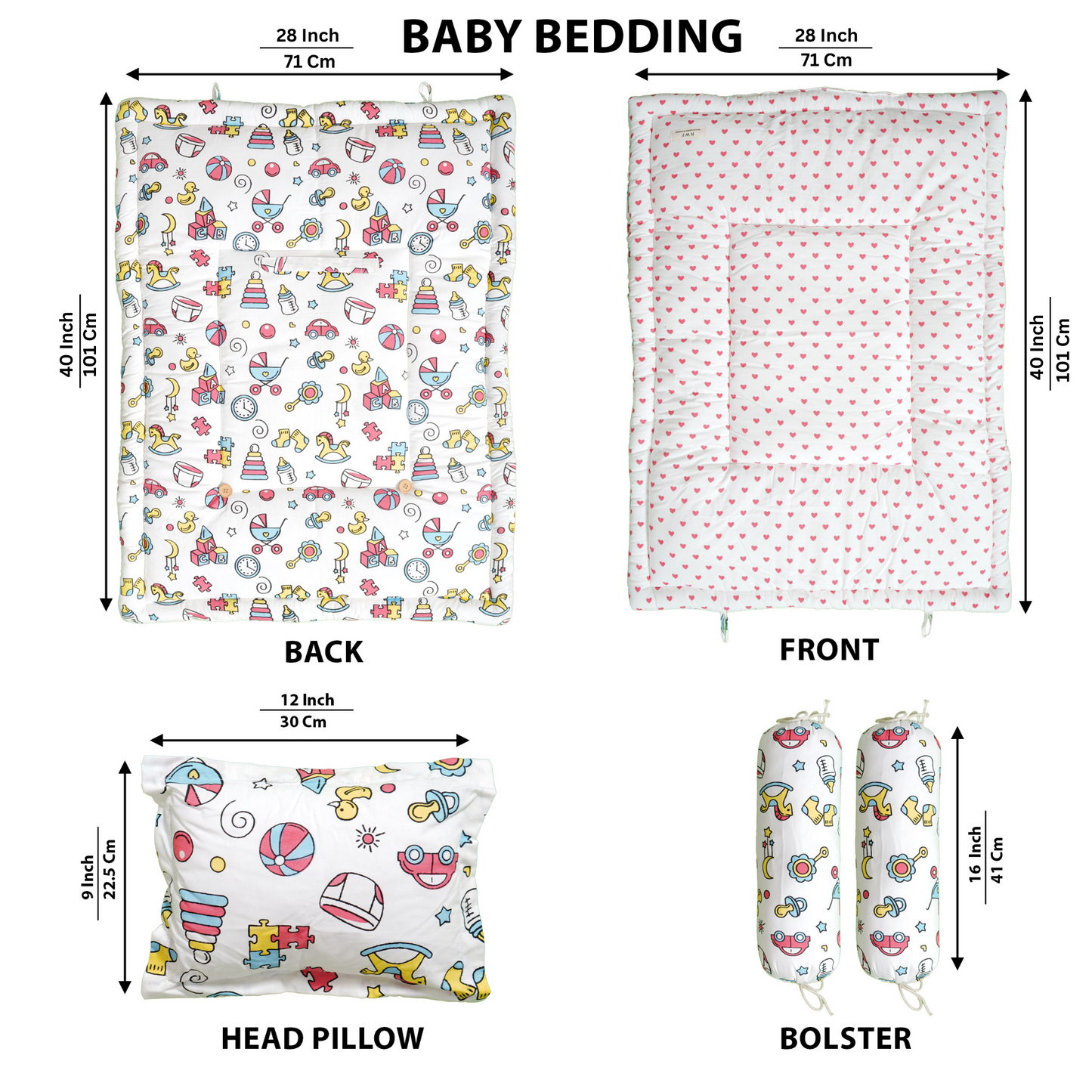 Unisex Baby Bedding Set Pink Toys Print | 100% Cotton Mattress & Bolsters