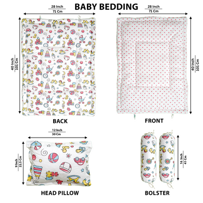 Unisex Baby Bedding Set Pink Toys Print | 100% Cotton Mattress & Bolsters