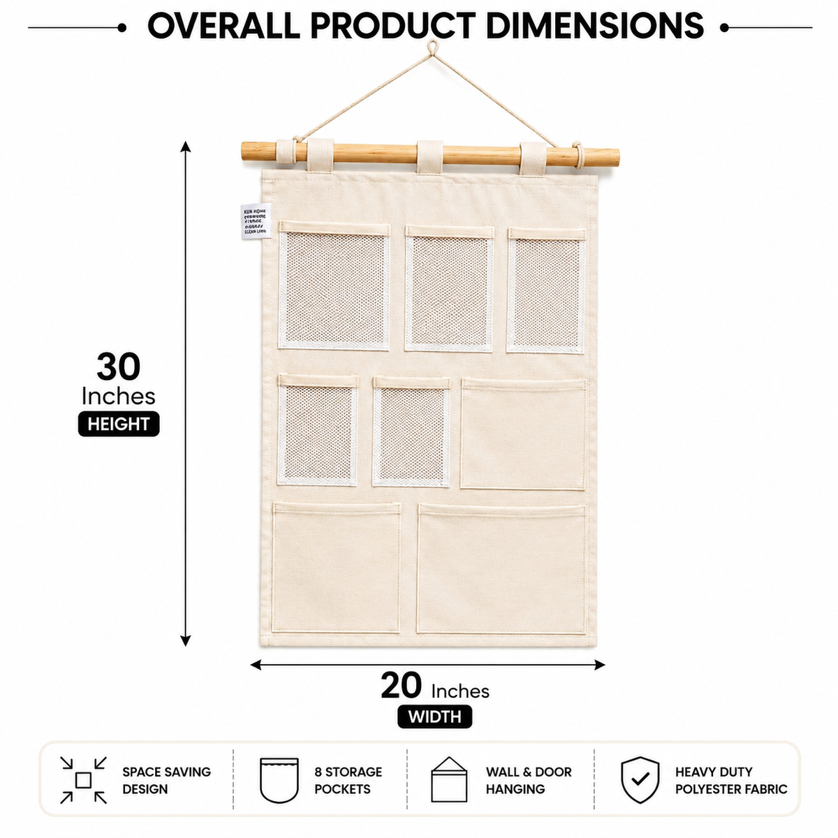 NWF 8 Pocket Wall Hanging Organizer Beige | 8 Pocket Wall Hanging Organizer, 100% Cotton, 30 x 20 Inch, Space Saving