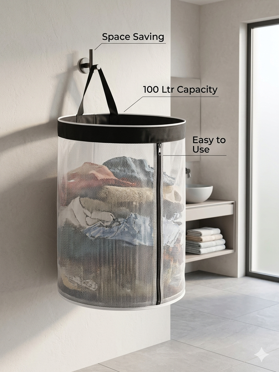 NWF Hanging Mesh Laundry Bag with Side Zipper, 100L Large Capacity Breathable Hamper, Polyester Mesh with Cotton Base & Strong Handles, Foldable Wall/Door Laundry Bag (18” Dia × 24” Height)