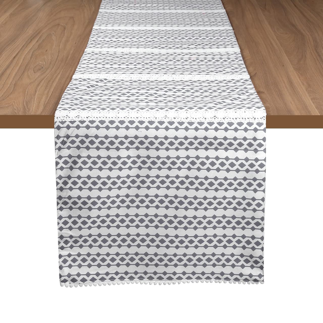 Cotton Table Runner Grey Printed | 90x13.5" Heat-Resistant for 8-Seater