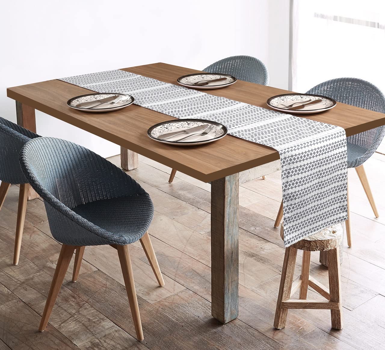Cotton Table Runner Grey Printed | 90x13.5" Heat-Resistant for 8-Seater